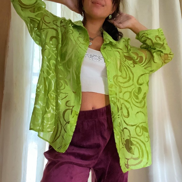 Tops - Lime green mesh button up